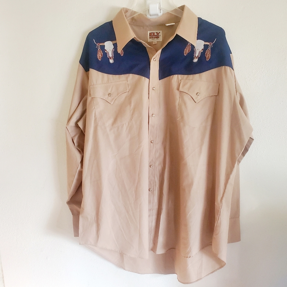Ely Cattleman Pearl Snap Shirt Men's XXL Cow Skull Long Sleeve Beige Blue